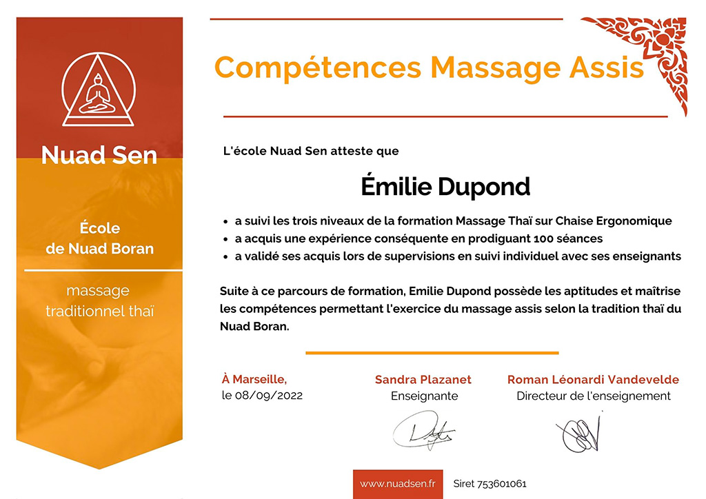 certificat massage Nuad Sen